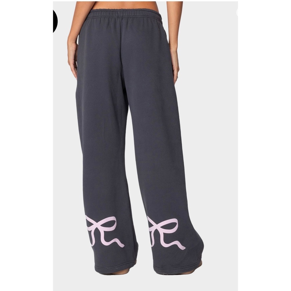 Edikted Sweatpants XS Charcoal Grey Pink Bow Wide Leg Coquette Balletcore Baggy